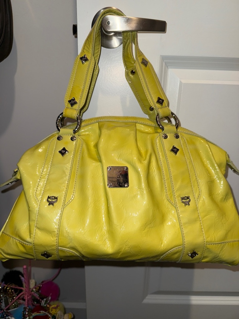 MCM Yellow Distressed Patent Leather Hand Bag